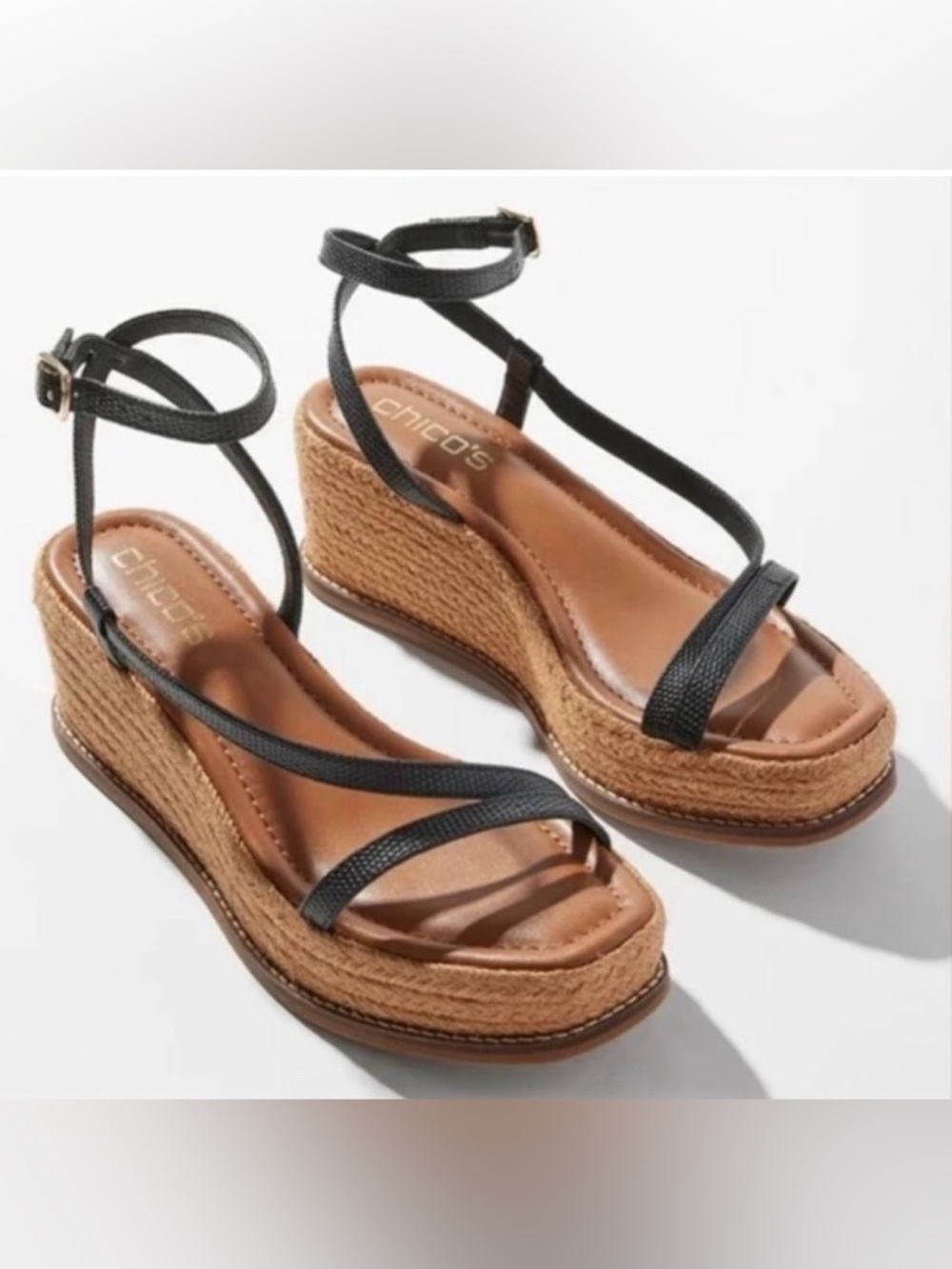 NIB Chico’s Carlina Wedge Sandals Black Size 10 Elevated Boho Coastal Resort
